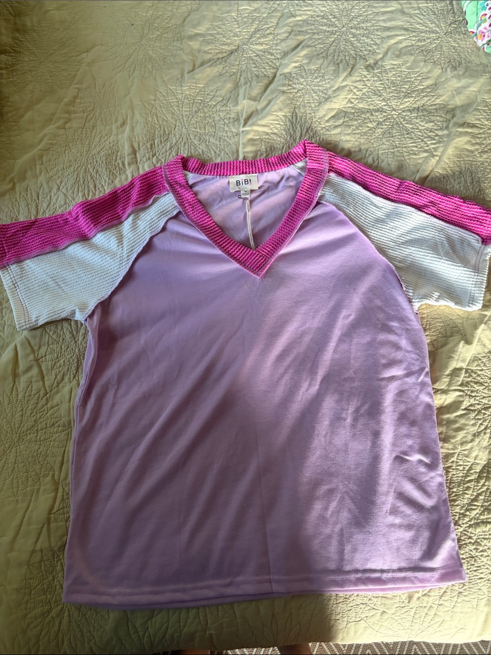 BiBi Lavender Tee with Hot Pink Trim and White Sleeves